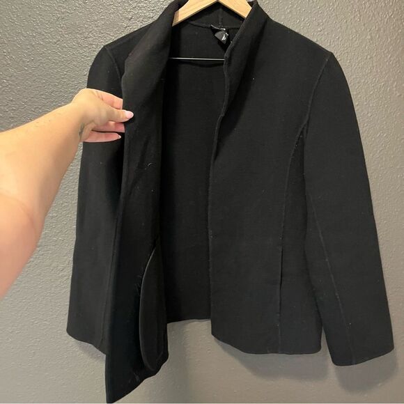 Eileen Fisher Black Stand Collar Open Front Wool/Cashmere Blend Jacket Small - Picture 3 of 12